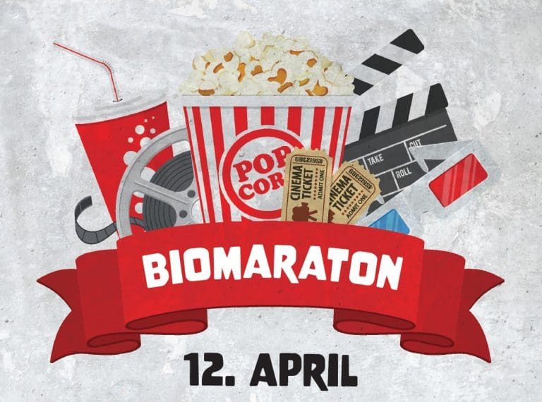 Banner med titlen Biomaraton, popcorn og sodavand.